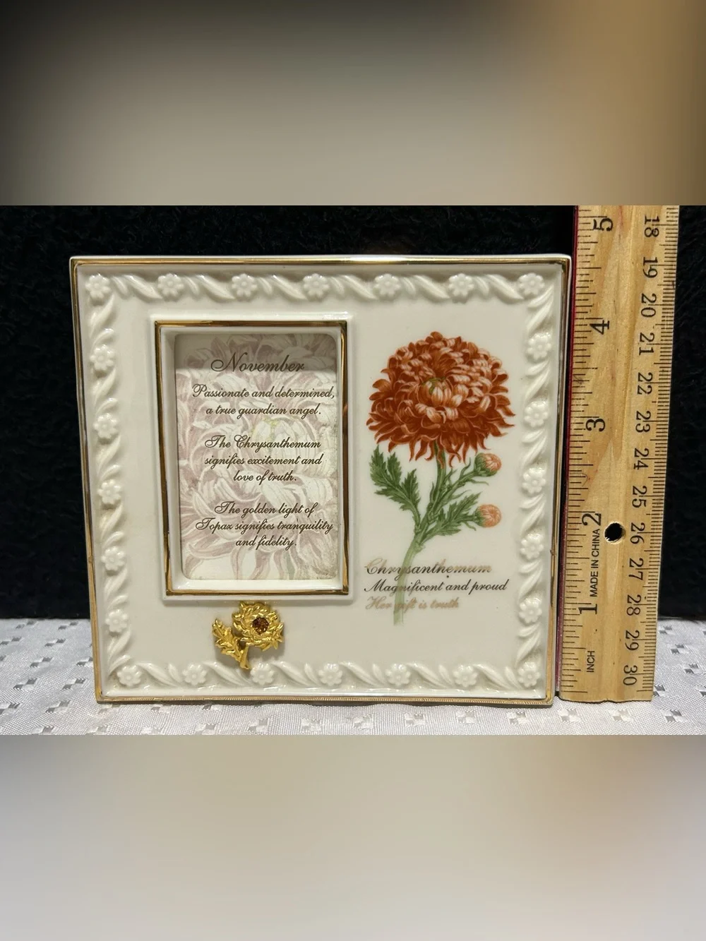 Lenox November Gold Chrysanthemum Topaz Birthstone Porcelain Picture Photo Frame